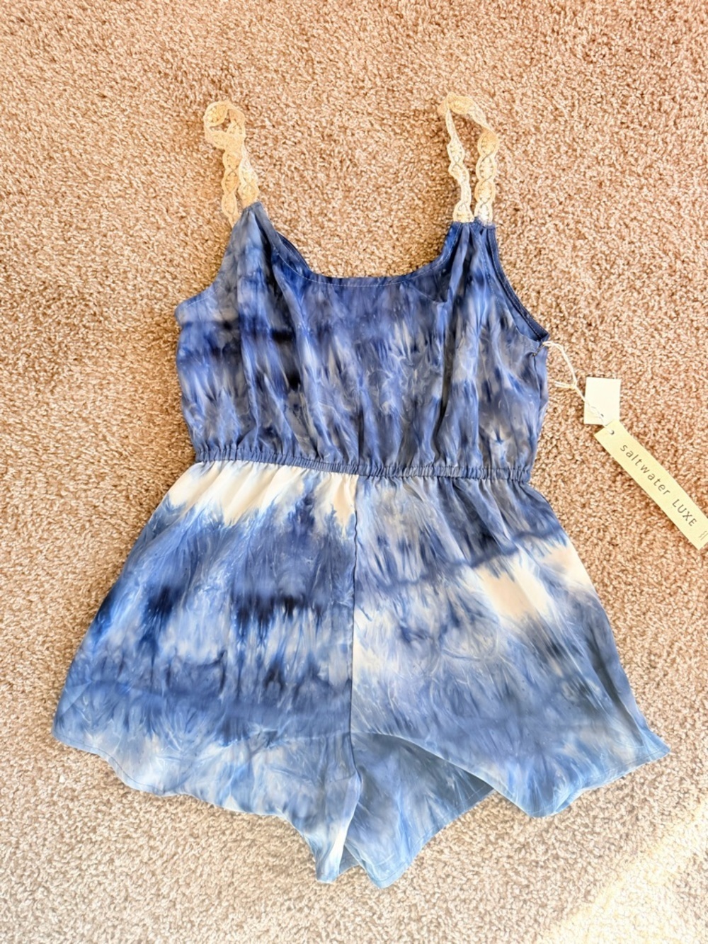 Saltwater Luxe Tie Dye Romper Boho Festival Elastic Waist Lace Straps Small NWT - Picture 2 of 9